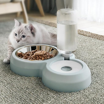 Dog Bowls, Puppy Cat Food and Water Bowl Set with Water Dispenser and Stainless Steel Bowl Non-Slip Mat, Detachable Gravity Pet Feeder and Waterer Set for Cats Dogs Puppy Rabbit (Blue)