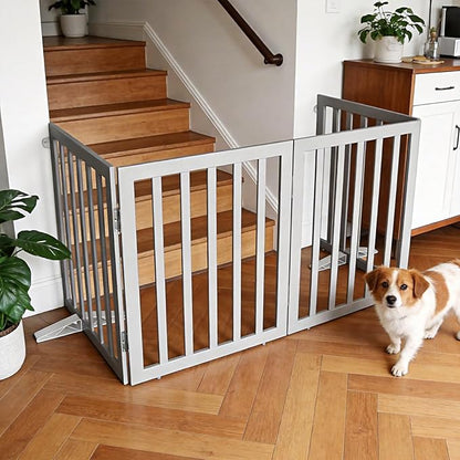 ZJSF Freestanding Indoor Dog Gate for House Foldable Wood Puppy Gate for Doorways Pet Gate for Stairs Extra Wide Pet Fence, Grey, 32" Height 2 Panels