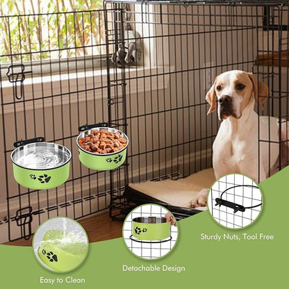 Dog Crate Bowls, ShineMe Stainless Steel Dog Kennel Bowls for Crates, Spill Proof Dogs Dishes that Attach to Crate Kennel Cage for Small Medium Size Dogs Cats, Set of 2, Green (6.2x2.6” & 5.5x2.4”)