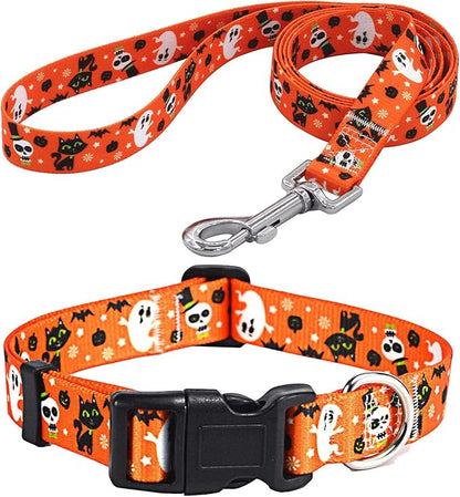 Mihqy Halloween Dog Collar and Leash Set - Pumpkin Bat Ghost Pattern - Adjustable for Small Medium Large Dogs(Halloween Set,M)