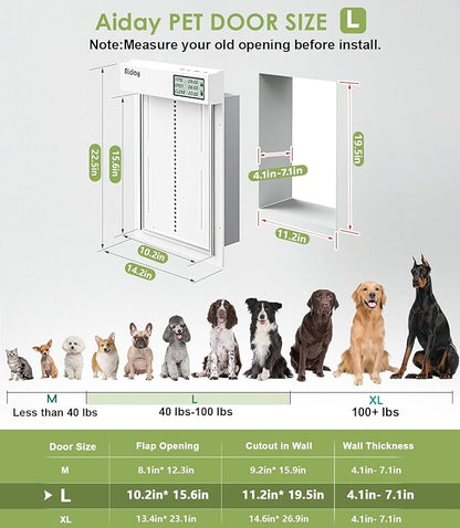Automatic Dog Door for Wall with Sensor Collars, Large Smart Pet Door for Wall, Custom Scheduling & Anti-Pinch, Fits Large Dogs up to 100 lbs (L)