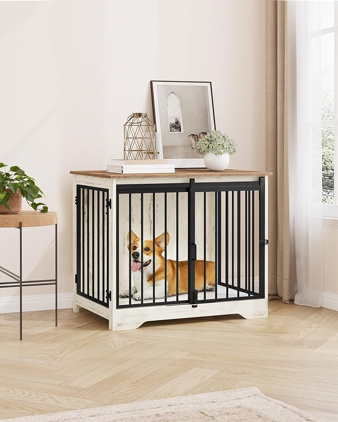 Hzuaneri 31.9" Dog Crate Furniture with Barn Door, Heavy Duty Dog Kennel Indoor with 2 Doors, Wooden Pet Cage End Table for Small Medium Dogs up to 44 lb, Anti-Chew Anti-Escape, White Brown DFC83614B