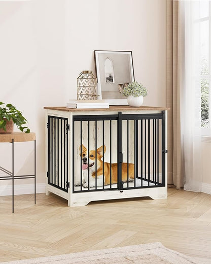 Hzuaneri 31.9" Dog Crate Furniture with Barn Door, Heavy Duty Dog Kennel Indoor with 2 Doors, Wooden Pet Cage End Table for Small Medium Dogs up to 44 lb, Anti-Chew Anti-Escape, White Brown DFC83614B