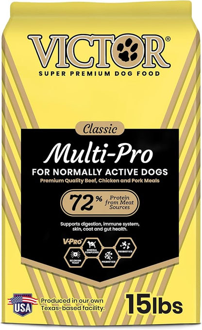 Victor Super Premium Multi-Pro Dry Dog Food Gluten Free with Beef, Chicken and Pork Protein for Normally Active Dogs All Breeds and Life Stages, 15 lb