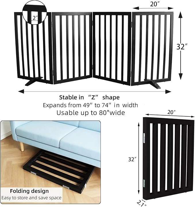 Dog Gate Indoor, Freestanding Dog Fence for The House, Doorways, Hallways,or Stairs,Pet Gate Foldable Wooden,Expandable 32" Height 4 Panels,Black