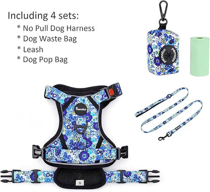 Petmolico No Pull Dog Harness Set with Leash Attachment Easy Control Handle Reflective Vest Small Breed, Puppy Vest and Leash Set with Poop Bag Holder, Small - Blue Daisy