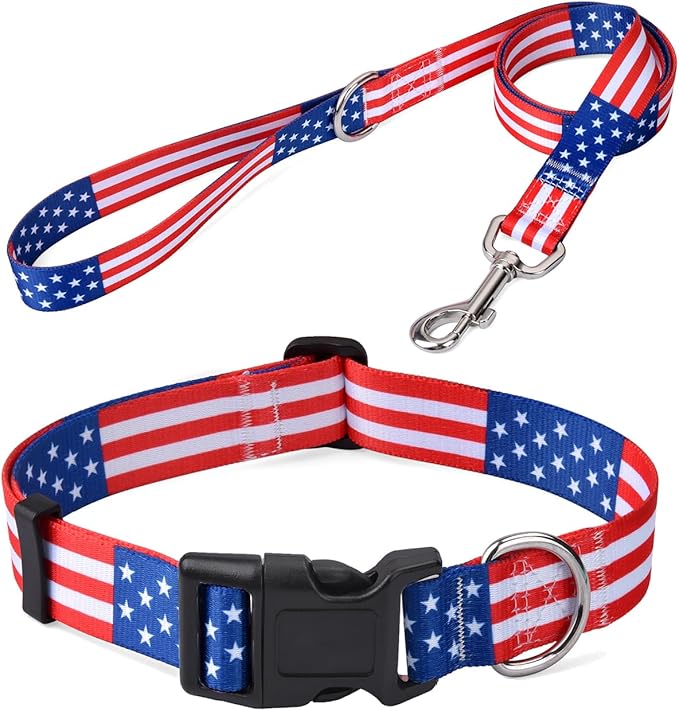 Mihqy American Flag Dog Collar and Leash Set- Patriotic, US Flag Pattern, Star & Stripes, Fourth of July Dog Collar, Adjustable for Small Medium Large Dogs(Classic US Set,XS)