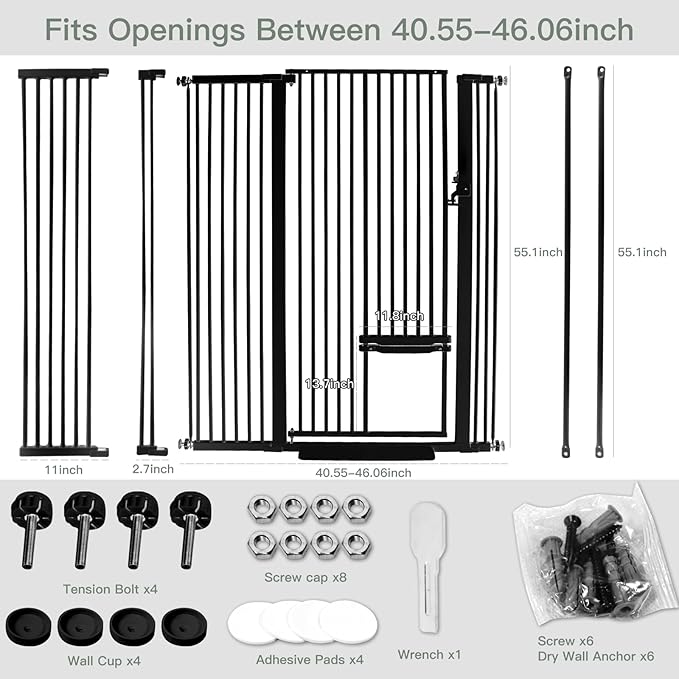 SHYUJAJIE 55 Inch Extra Tall Pet Gate with Small Cat Door, 29.55"-46.06" Adjustable Wide Dog Gate, Tall Cats Gates for Doorway, Stairs, House(Black)