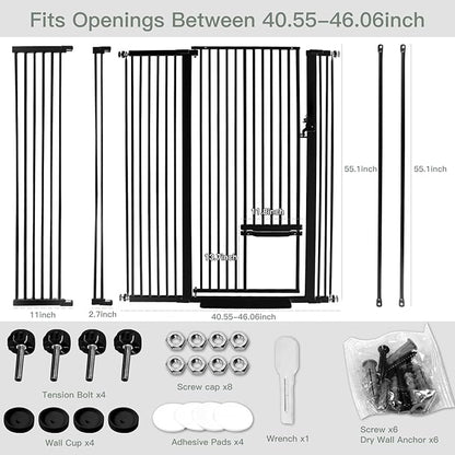 SHYUJAJIE 55 Inch Extra Tall Pet Gate with Small Cat Door, 29.55"-46.06" Adjustable Wide Dog Gate, Tall Cats Gates for Doorway, Stairs, House(Black)