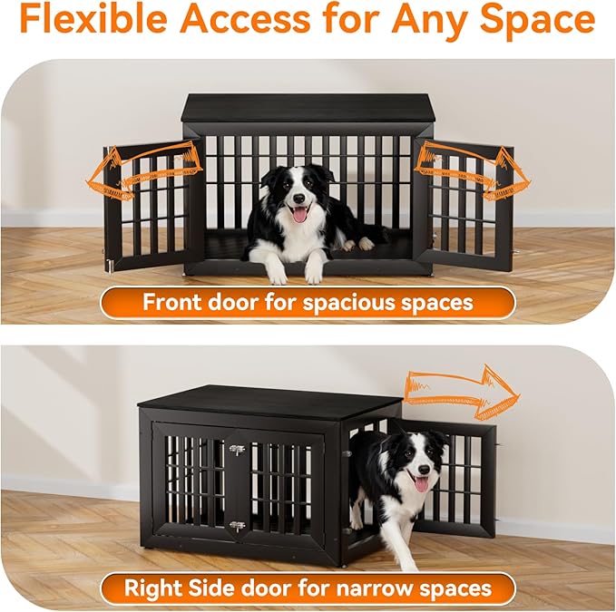 Snuowu 38" Heavy Duty Dog Crate Furniture for Small,Medium and Large Dogs,Rustic Wooden Dog Cage Kennel Indoor Furniture with Waterproof Top,Decorative Pet House Side End Table (Black)