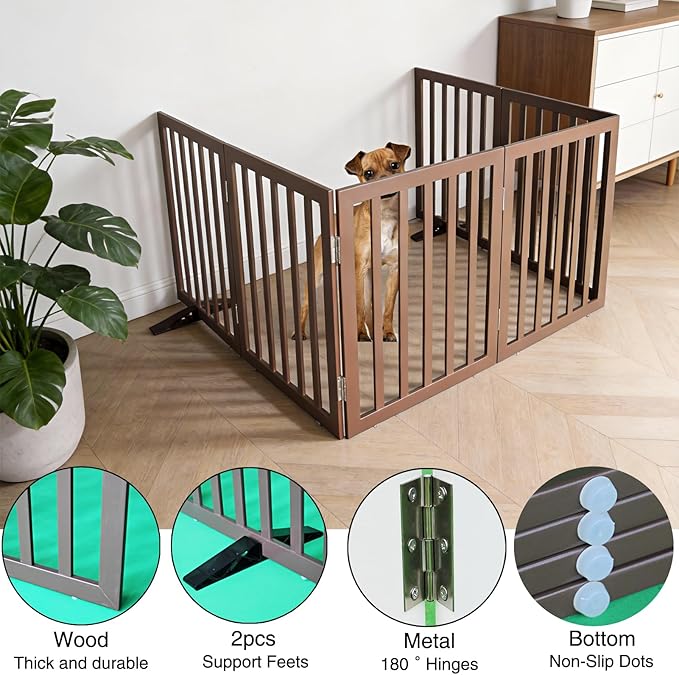 Dog Gate Indoor, Freestanding Dog Fence for The House, Doorways, Hallways,or Stairs,Pet Gate Foldable Wooden,Expandable 32" Height 6 Panels,Brown