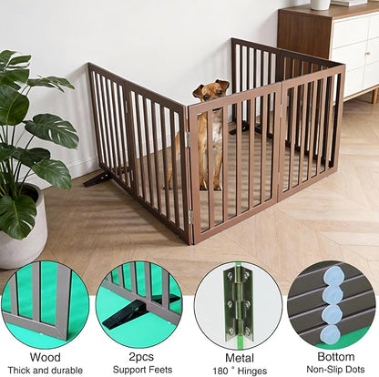 Dog Gate Indoor, Freestanding Dog Fence for The House, Doorways, Hallways,or Stairs,Pet Gate Foldable Wooden,Expandable 32" Height 6 Panels,Brown