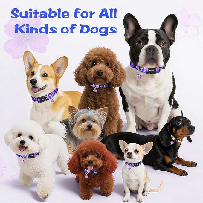 Kazazoo Dog Collar Cute and Soft Nylon Puppy Collar Girl, Adjustable Dog Collars for Small Medium Dogs, Purple Flowers-S