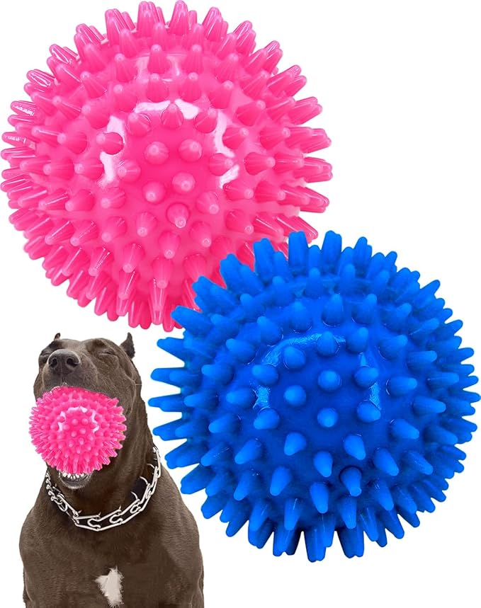 Pweituoet 4.5” Heavy Duty Squeaky Dog Balls for Medium Large Dogs, Dog Toys for Aggressive Chewers, Spike Ball Toys for Clean Teeth and Training(2 Pack) (4.5" red and Blue)
