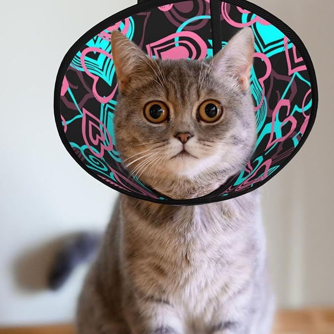 Soft Cat Recovery Collar Abstract Love Hearts Pattern, Adjustable Cat Cone Collar After Surgery, Protective Elizabethan Collar for Kittens and Small Dogs