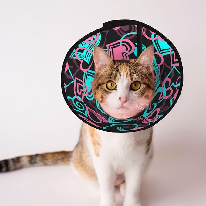 Soft Cat Recovery Collar Abstract Love Hearts Pattern, Adjustable Cat Cone Collar After Surgery, Protective Elizabethan Collar for Kittens and Small Dogs