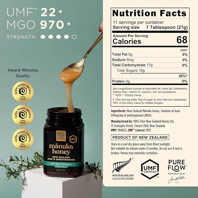 Manuka Honey UMF 22+ MGO 970+ 100% Pure New Zealand Certified Ultra Premium Raw 8.8 oz (250 g)