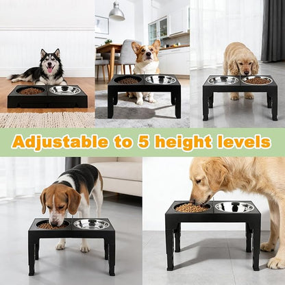 MECHEER 4-in-1 Dog Bowl Elevated Stand with Slow Feeder & Spill-Proof Water Bowl, 5-Height Adjustable Raised Dog Bowl for Large, Medium, and Small Dogs, Non-Slip Base Dog Feeding Station
