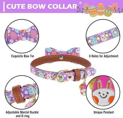 EXPAWLORER Easter Dog Collar and Leash Set - Egg Bunny Pattern Bow Tie & Bandana Embroidery Holiday Pet Collars with Bell, Soft Tangle Free Leash for Dogs Cats Outdoor Walking, Small