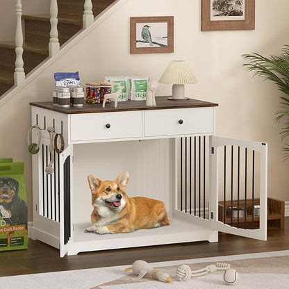 Kucreiheat 40 Inch Furniture-Style Dog Crate-Multipurpose Wood Pet Crate Furniture with Double Doors,2 Drawers, Decorative Dog House Indoor for Smal/Medium Dogs, White Finish