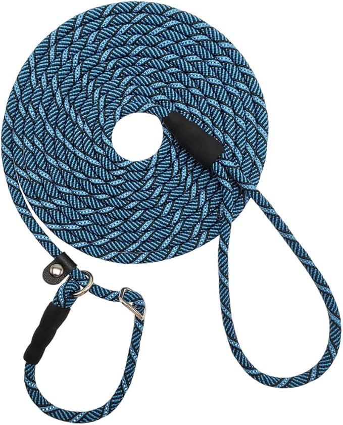 50FT Long Slip Lead Leash, 12ft 20ft 30ft Reflective Rope Training Lead Anti-Choking for Medium Dogs Small Puppy Pets Outdoor- Backyard- Playing- Recall- Traning (Blue)