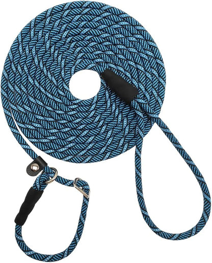 50FT Long Slip Lead Leash, 12ft 20ft 30ft Reflective Rope Training Lead Anti-Choking for Medium Dogs Small Puppy Pets Outdoor- Backyard- Playing- Recall- Traning (Blue)