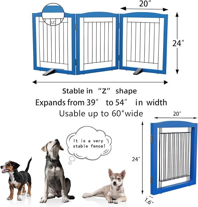 ZJSF Freestanding Dog Fence Indoor, Foldable Dog Gate for Doorways, Stairs or Hallways, Sturdy Wood Extra Wide Pet Gate with Support Feet for The House, Blue, 24 "Height-3 Panels