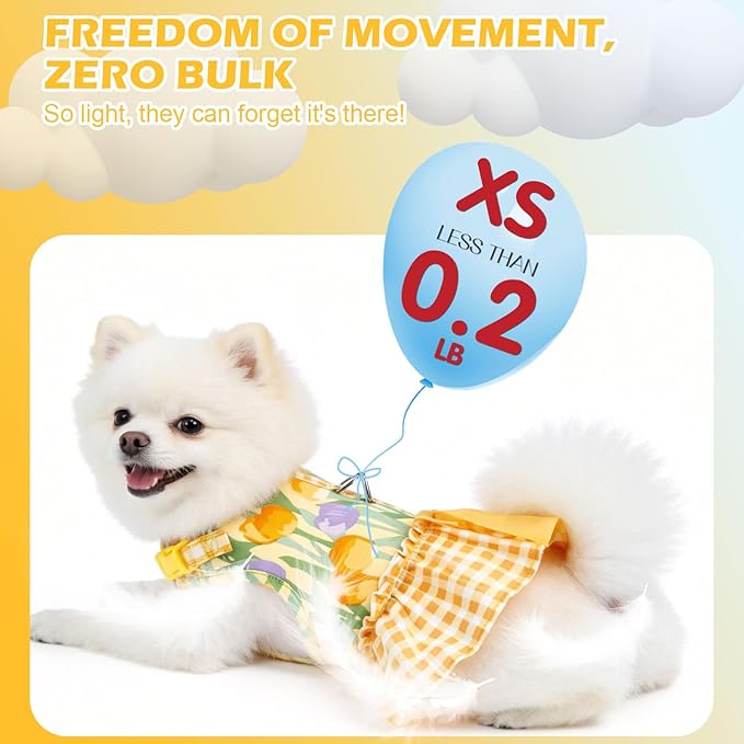 EXPAWLORER Dog Harness Small Medium Sized Dogs, Tulip Dog Dress Bowknot Harness and Leash Set, No Choke No Pull Soft Mesh Vest Cute Princess Puppy Outfits Clothes Costume for Girls Party Cats Yellow S