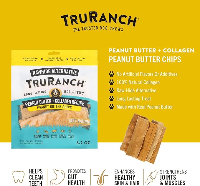 TRURANCH Collagen Chips - Collagen Dog Treats - Long Lasting Healthy Joint Support - Rawhide Alternative Chips - Skin & Coat Health - Made with Real Peanut Butter, Value Pack, 3 Bag, 1.5 lbs