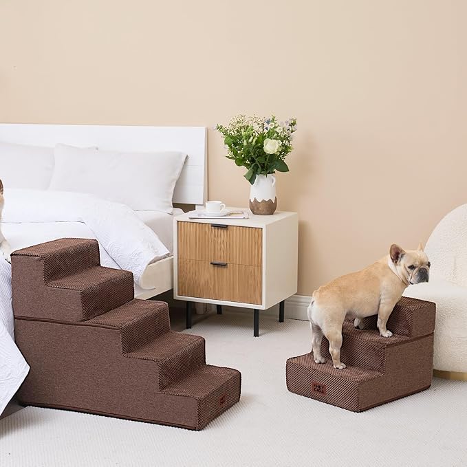 EHEYCIGA Dog Stairs for Small Dogs 13.5" H, 3-Step Dog Steps for Couch Sofa and Chair, Pet Steps for Medium Cats, Non-Slip Balanced Pet Ramp Indoor, Brown
