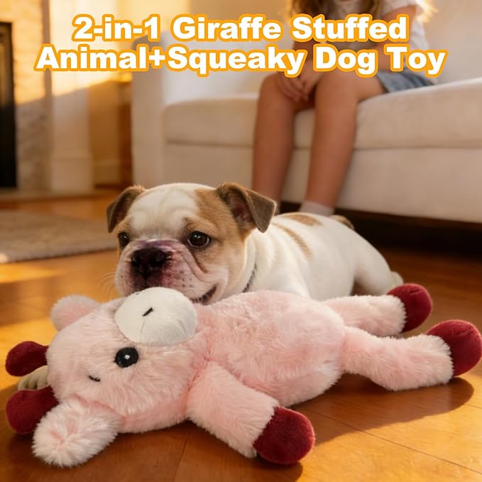 Pink Giraffe Plush Squeaky Dog Toy with Bungee Leg Puppy Teething Chew Toy Cute Soft Funny Indoor Outdoor Interactive Stuffed Animal Dog Toy for Small Medium Large Dogs Toy Gift 36cm/14.17in