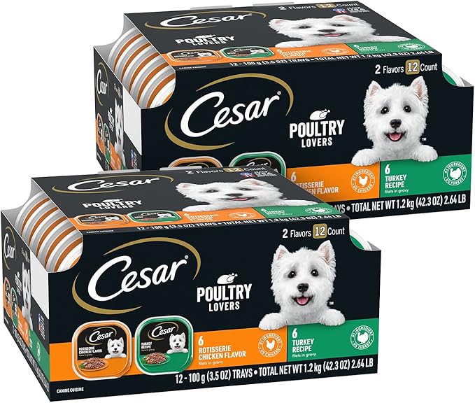 Cesar Filets in Gravy Adult Wet Dog Food Variety Pack, Poultry Lovers with Rotisserie Chicken Flavor and Turkey Recipe, 3.5 oz. Easy Peel Trays, Variety Pack, 12 Count (Pack of 2)