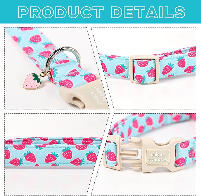 Unique style paws Dog Collar Plastic Buckle with Pendant Puppy Collar for Spring Summer Blue Strawberry for Small Medium Large Boys Girls Dogs
