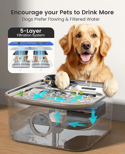 oneisall Dog Water Fountain for Large Dogs, 10L/2.6Gal Stainless Steel Automatic Dog Water Bowl Dispenser with Deeper, Wider Drinking Area, Water Window & Triple Filtration for Large Dogs & Multi-Pet