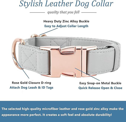 Dog Collar and Leash Set.Soft and Easy to Clean Vegan Leather with Rose Gold Metal Buckle for Small Medium Large Dogs (Grey, S(12.2"-16.9"))