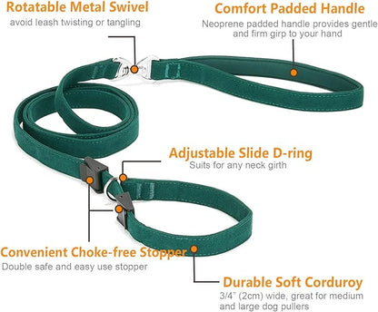 Slip Lead Dog Leash,Soft Corduroy 6 FT Dog Training Leash for Medium Large Dogs,No Pull Slip Leash and Collar with Padded Handle,Dark Green