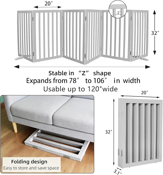 ZJSF Freestanding Indoor Dog Gate for House Foldable Wood Puppy Gate for Doorways Pet Gate for Stairs Extra Wide Pet Fence, Grey, 32" Height 6 Panels