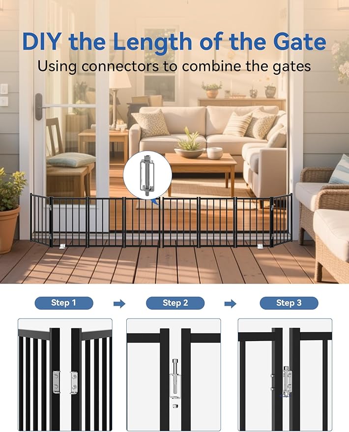 BFNN Free Standing Dog Gate, 16.5" Short Pet Gate for Stairs and Doorways, Up to 48" Wide Foldable Puppy Fence, Indoor & Outdoor Use, No Drilling and No Assembly, for Small & Toy Dogs, Black
