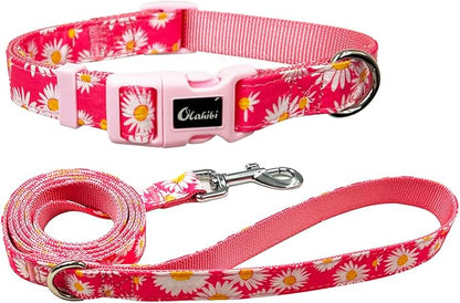 Dog Collar Leash Set, Floral Pattern, Nylon Webbing Plus Cotton Ribbon, 5ft Matching Leash, for Small Dogs.(S, Pink Daisy)