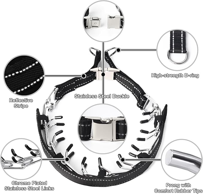 Prong Collar for Medium Dogs with Reflective Nylon Cover, Dog Pinch Collar,Dog Training Collar,High Strength Quick Release Metal Buckle,Comfort Rubber Tips (Black，3.0mm, 20-Inch)