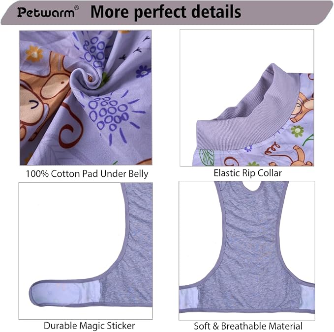 PetWarm Recovery Suit for Dogs, Dog Surgical Recovery Suit Female and Male, Dog Onesie for Surgery, Anti-Licking Dog Surgery Recovery Suit, Monkey Pattern, Grey, XS