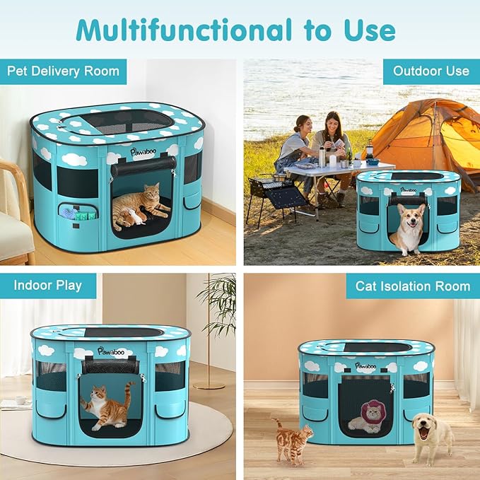 Dog Playpen, Portable Pet Cat PlayPen, 600D Oxford Dog Kennel Tent Crate, Waterproof&Breathable, Indoor Outdoor Travel Camping for Medium/Large Breed with Carrying Case+Bowl(M), Blue + White Clouds