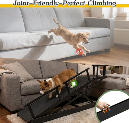 6 Level Height Adjustable Dog Ramp for Bed, Couch 65" Foldable Pet Ramp with Non-Slip Mat，DIY Glow Strips & Rest Platform Heavy Duty Dog Stairs for Large Dogs up to 200Lbs ，Black
