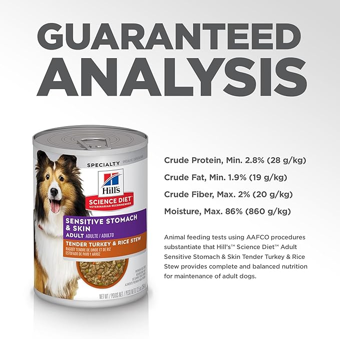 Hill's Science Diet Sensitive Stomach & Skin,Adult 1-6,Stomach & Skin Sensitivity Support,Wet Dog Food,Turkey-& Rice Stew,12.5 oz Can,(Pack of 24)