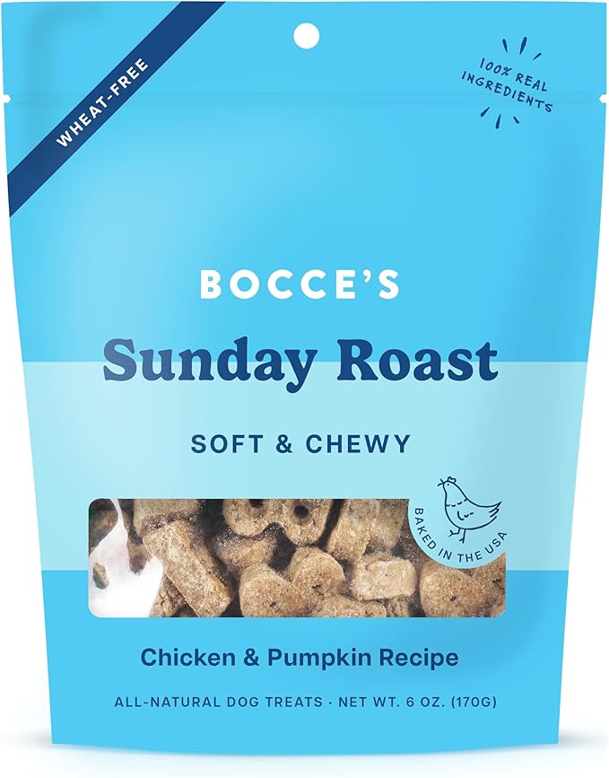 Bocce's Bakery Oven Baked Sunday Roast Treats for Dogs, Wheat-Free Everyday Dog Treats, Made with Real Ingredients, Baked in The USA, Natural Soft & Chewy Cookies, Chicken & Pumpkin Recipe, 6 oz