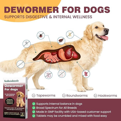 Dewormer for Dogs, Fenbendazole for All Wormers, Hookworms, Tapeworms, Whipworms and Roundworms, 12 Count