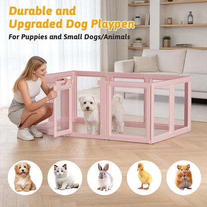 DIY Clear Acrylic Dog Playpen House,Quick Easy Assembly and Disassembly,Strong Floor Suction,Indoor and Outdoor Use,Easy Cleansing Puppy Fence (Skin Pink, 23.6" H, 10PCS)