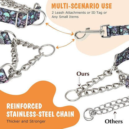 Skull Chain Martingale Collar for Dogs, No Pull Slip Cinch Choker Choke Collar Training Escape Proof Heavy Duty Dog Collar for Extra Large Medium Large Pet Boy Male Dogs, M