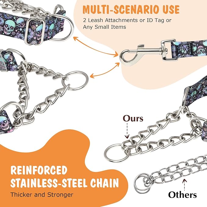 Skull Chain Martingale Collar for Dogs, No Pull Slip Cinch Choker Choke Collar Training Escape Proof Heavy Duty Dog Collar for Extra Large Medium Large Pet Boy Male Dogs, XL
