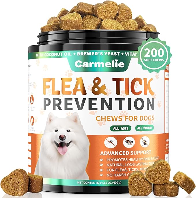 Carmelie Flea and Tick Prevention for Dogs - 200 Soft Chewables Natural Dog Flea and Tick Support - Oral Flea Supplement for All Breeds & Size Dogs, Puppy Flea Protection - Duck Flavor